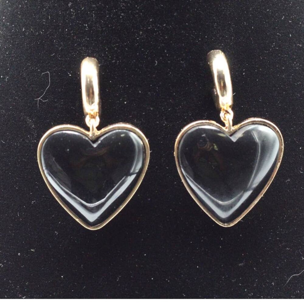 Gold Black Acrylic Heart Chunky Dangle Drop Fashion Post Earrings ~ NEW
